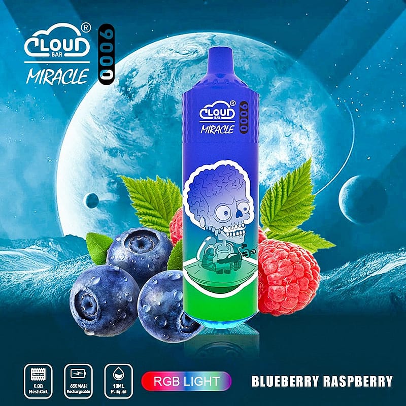Blue and green disposable vape device labeled "Cloud Bar Miracle" with a cartoon skeleton on the front, surrounded by images of blueberries and raspberries against a space-themed background.