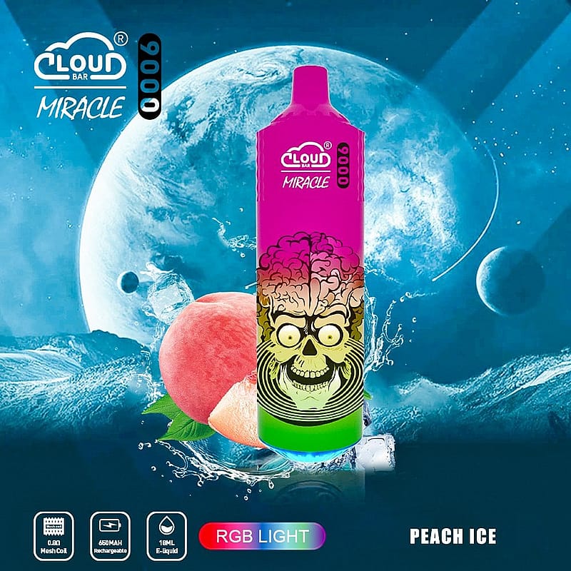 Cloud Bar Miracle Peach Ice vape with colorful skull design, peach, ice, and RGB light features against a cosmic background.