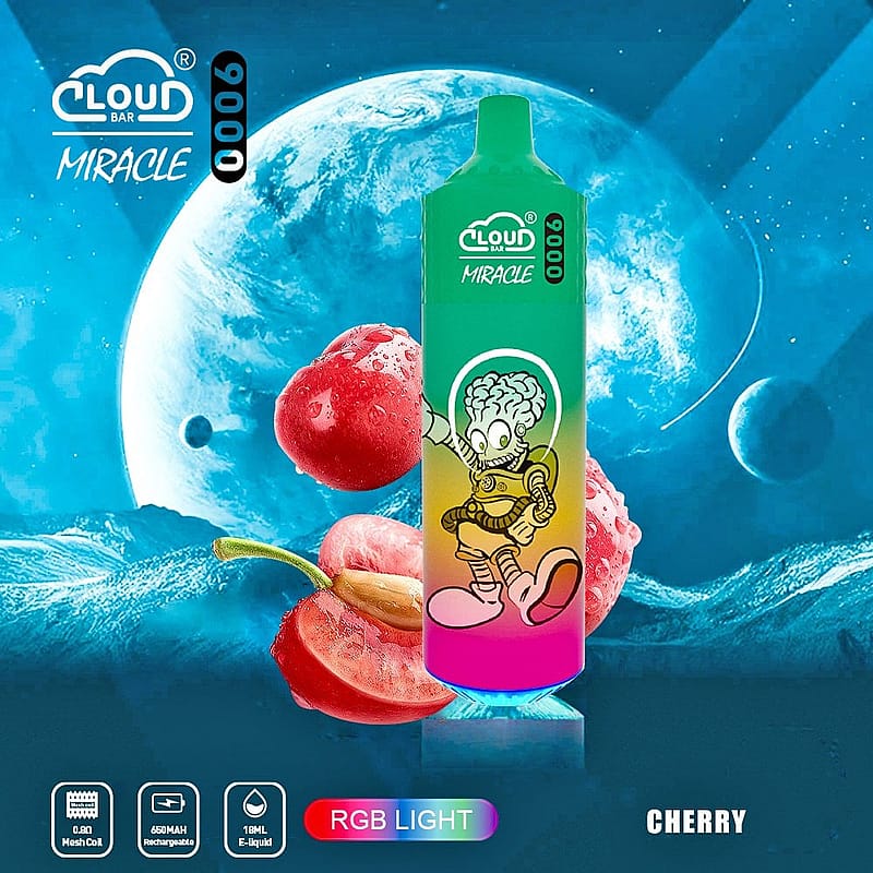 E-cigarette with "Cloud BAR Miracle" branding, cherry flavor, and RGB light feature. Background includes cherries and a cosmic theme.