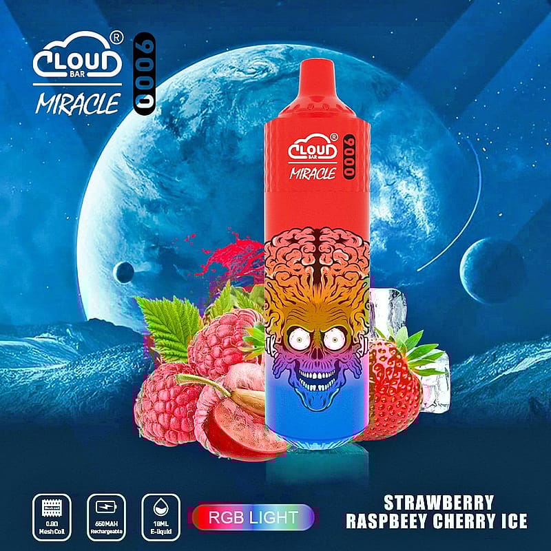 Vape device with colorful alien-like design, surrounded by strawberries, raspberries, cherries, and ice cubes, with a blue space-themed background and text indicating various product features.