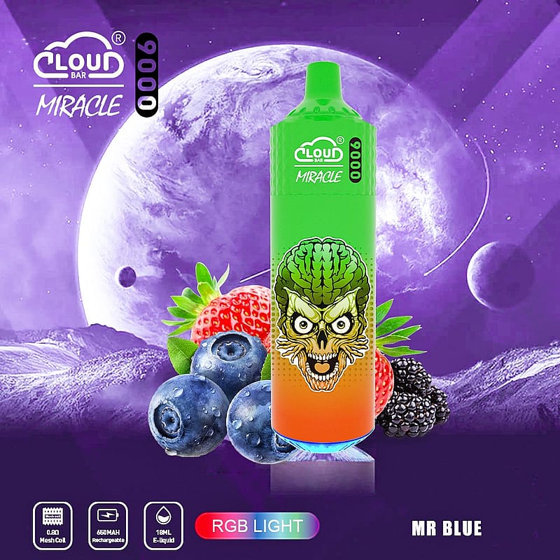 Cloud Bar Miracle vape device surrounded by strawberries, blueberries, and blackberries against a purple space-themed background with planets.