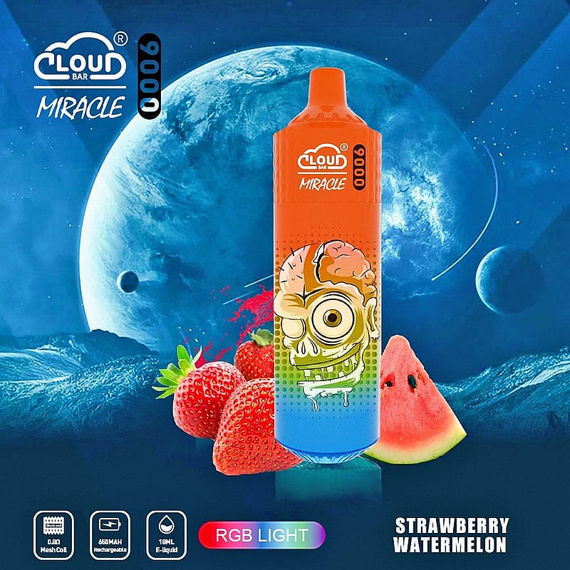 Cloud Bar Miracle vape device with a colorful design featuring a cartoon brain character, surrounded by strawberries and a watermelon slice, set against a space-themed background. Text reads "Strawberry Watermelon" and indicates features like 650mAh rechargeable battery, 18ml e-liquid capacity, 0.8Ω mesh coil, and RGB light.