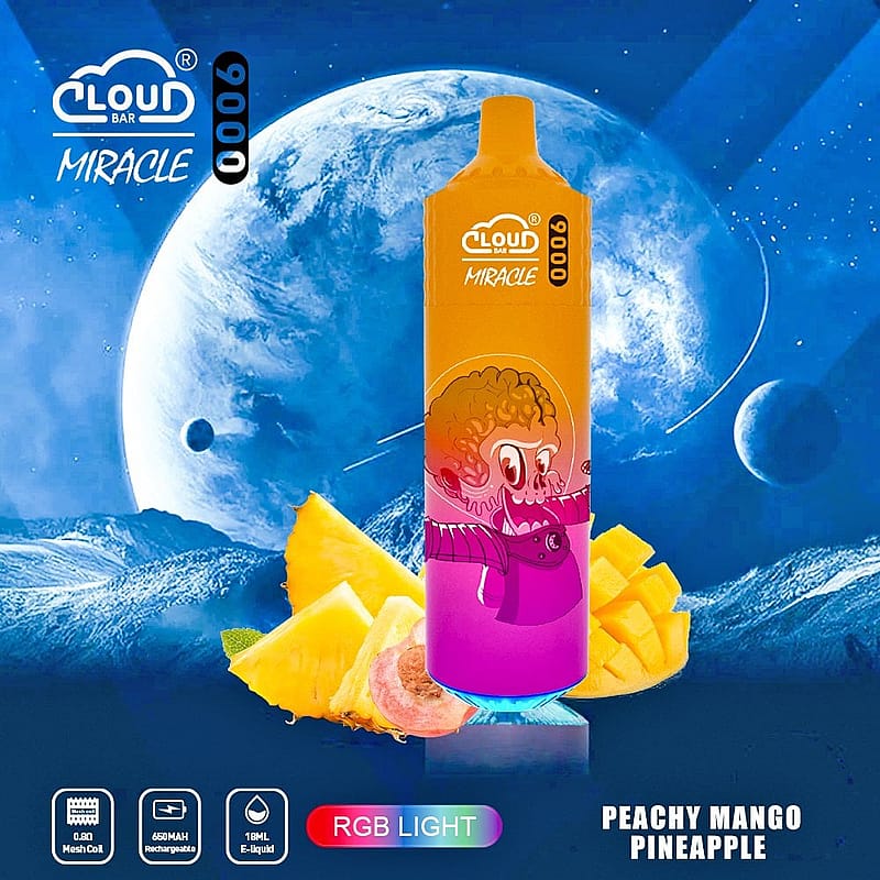 Cloud Bar Miracle vape device with text "Peachy Mango Pineapple" in the foreground and a space background featuring planets and stars.