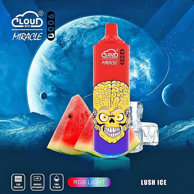 A colorful vape device with a skull design on it, placed against a cosmic background with a planet, watermelon slices, and ice cubes. The device features an RGB light and has the brand name "Cloud Bar Miracle."