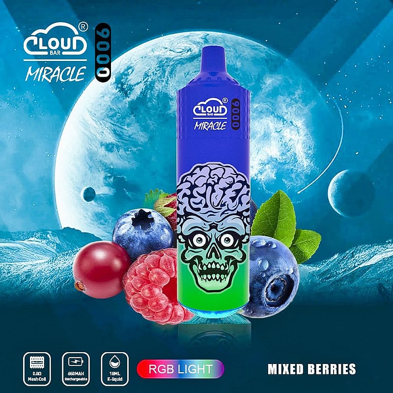 A blue vape device with a skull design and the brand "Cloud Bar Miracle," surrounded by mixed berries, featuring RGB light indicators and product specifications.