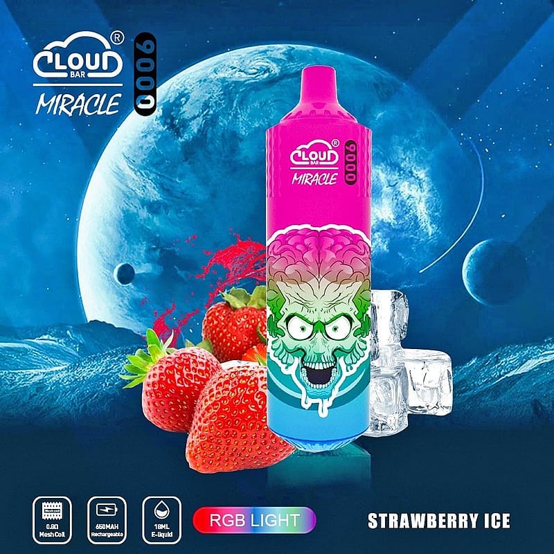Cloud Bar Miracle 0006 Strawberry Ice vape device with a colorful background featuring strawberries, ice cubes, and a cosmic scene. The device displays a graphic of a brain and a green skull. Product features include RGB light, 0.8Ω mesh coil, 650mAh rechargeable battery, and 18ml e-liquid capacity.