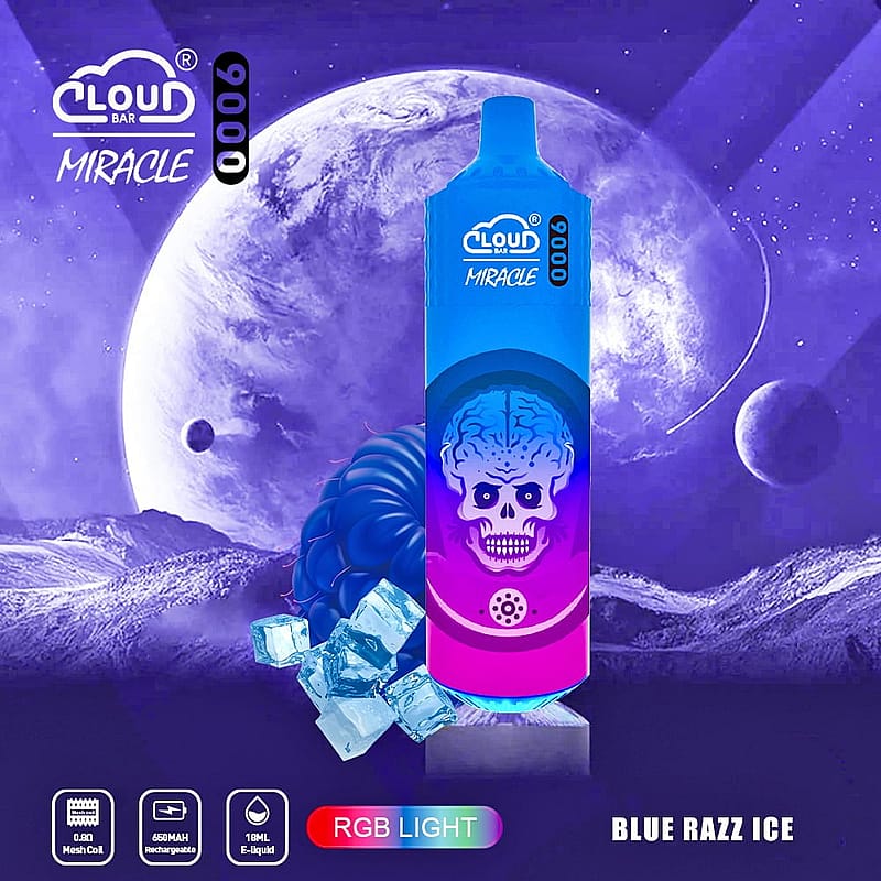 Blue disposable vape device with a skull graphic, set against a cosmic background featuring planets, ice cubes, and a raspberry. The text "Blue Razz Ice" is displayed on the bottom right.