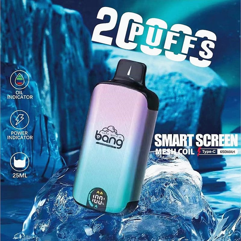 Smart skärm vape-enhet med 20000 puffar, olje- och strömindikatorer, 25 ml kapacitet, mesh-spole, typ C-laddning och 650 mAh batteri.