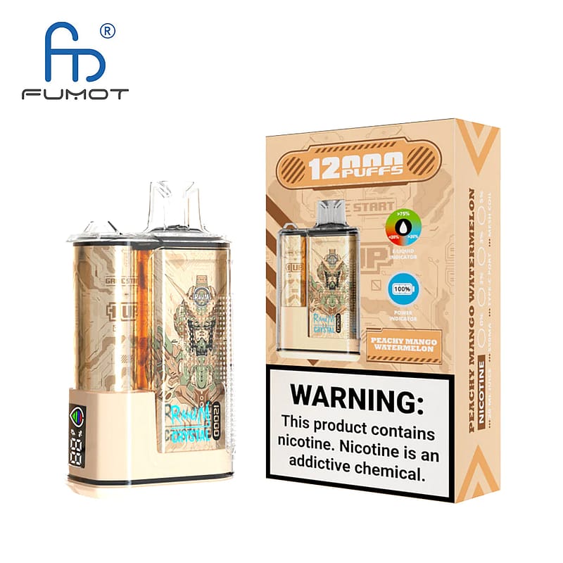 Dispositivo de vapeo desechable con un diseño futurista y empaque etiquetado "12,000 bocanadas" con sabor a melocotón, mango y sandía, con una advertencia de nicotina colocada de manera prominente.