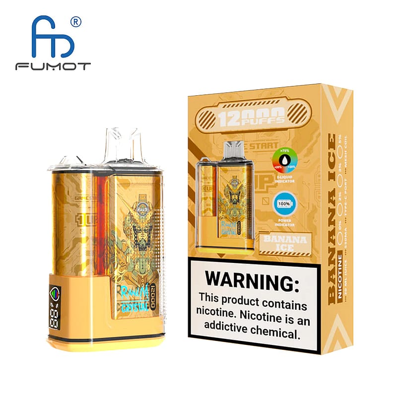 Dispositivo de vapeo desechable de color amarillo de la marca Fumot con una caja con la etiqueta "Banana Ice" y una advertencia de que el producto contiene nicotina, que es una sustancia química adictiva. El dispositivo tiene una capacidad de 12.000 caladas e indicadores de nivel de potencia y de e-líquido.