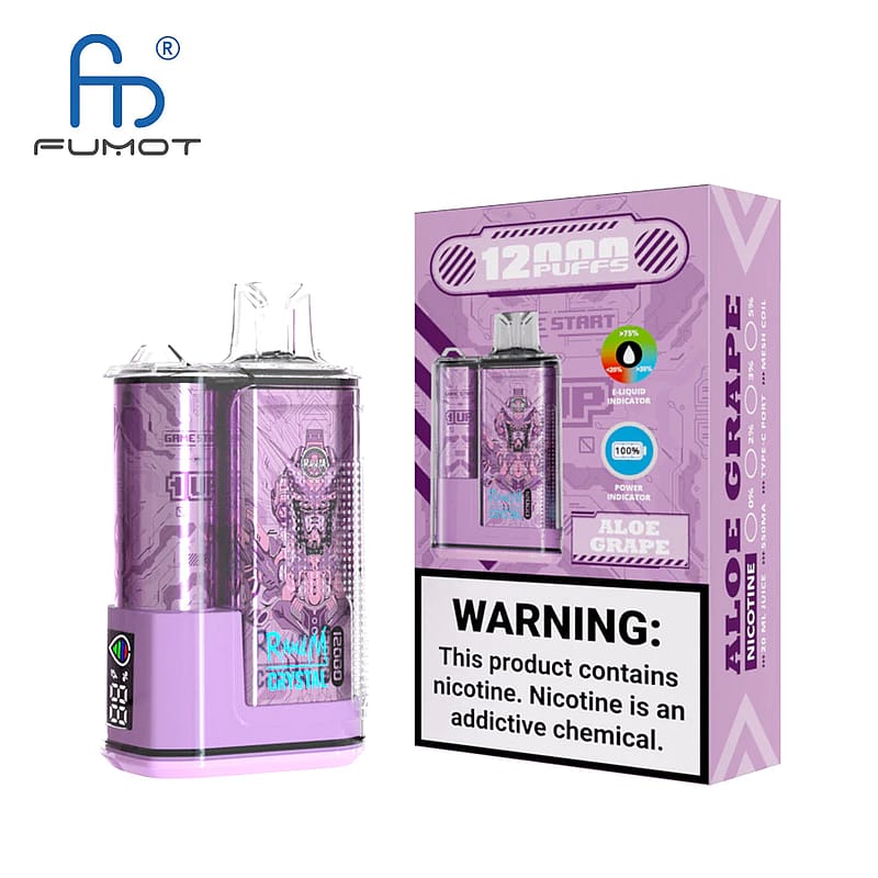 Dispositivo de vapeo desechable con un diseño morado, etiquetado como "Aloe Grape", con capacidad para 12.000 caladas y advertencias sobre la nicotina. El dispositivo tiene una sección superior transparente y viene en un empaque a juego.