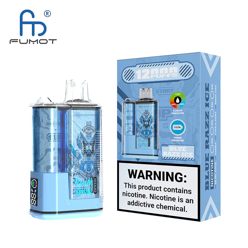 Dispositivo de cigarrillo electrónico y empaque etiquetado "Fumot" en color azul con sabor "Blue Razz Ice", que muestra 12.000 bocanadas, con una advertencia de que el producto contiene nicotina, una sustancia química adictiva.