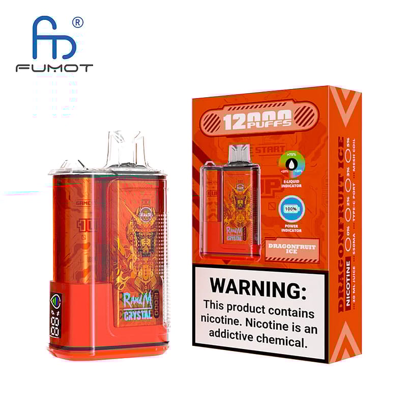 Dispositivo de vapeo desechable de color rojo con 12.000 bocanadas, con sabor a helado de pitaya, junto con su empaque de marca a juego con etiqueta de advertencia sobre la nicotina.