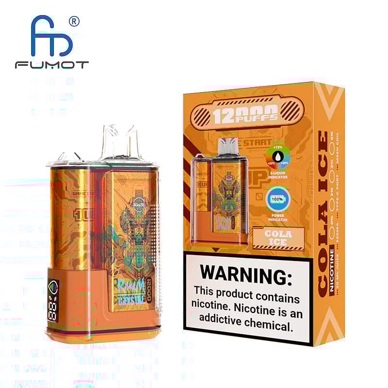 Dispositivo de vapeo desechable en empaque naranja con sabor “Cola Ice”, etiquetado como 12.000 bocanadas y que contiene nicotina.