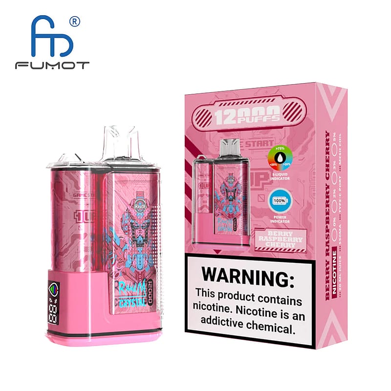 Dispositivo de vapeo desechable de color rosa con la marca "FUMOT" y "12000 caladas" escrito en el paquete. El dispositivo tiene una etiqueta que dice "Berry Raspberry Cherry" y una advertencia sobre la nicotina en la parte inferior.