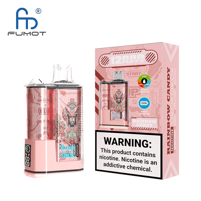 Dispositivo de vapeo de color rosa con un diseño con temática de robot y una caja con la etiqueta "Rainbow Candy" y "12,000 bocanadas". Una etiqueta de advertencia en la parte inferior dice: "Este producto contiene nicotina. La nicotina es una sustancia química adictiva".