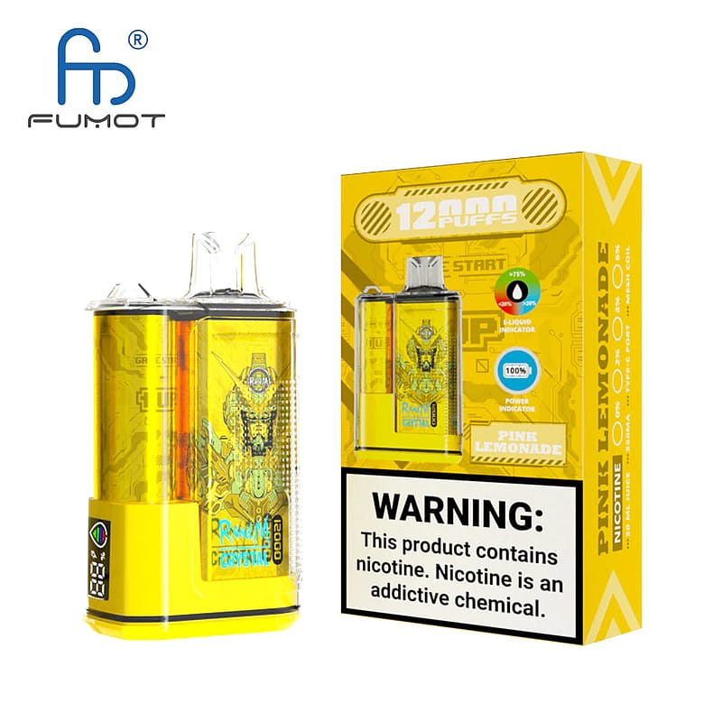 Un dispositivo de vapeo amarillo y transparente etiquetado "FUMOT" con "12000 bocanadas" y sabor "Limonada rosa", exhibido junto a su caja amarilla a juego que incluye una advertencia de nicotina.