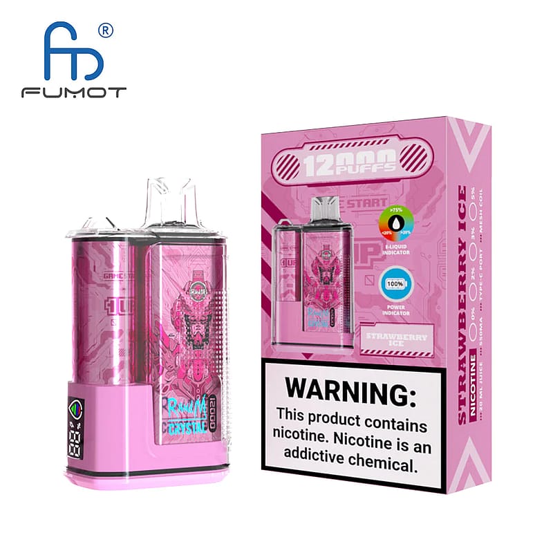 Dispositivo de vapeo desechable de color rosa con el logo de FUMOT, etiquetado "12000 PUFFS" y sabor "Strawberry Ice", junto a su empaque que incluye una advertencia de nicotina.