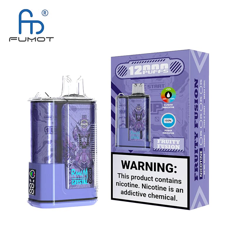 Un dispositivo de vapeo de la marca Fumot con 12.000 bocanadas, etiquetado "Fruity Fusion", que presenta un diseño futurista y una advertencia de nicotina.