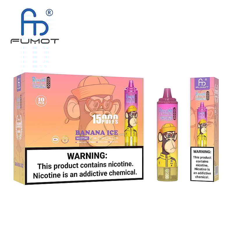 "Verpackung und Produktabbildung des FUMOT Tornado Banana Ice Einwegdampfers mit 15000 Puffs, mit Cartoon-Affendesign und Nikotinwarnhinweis."