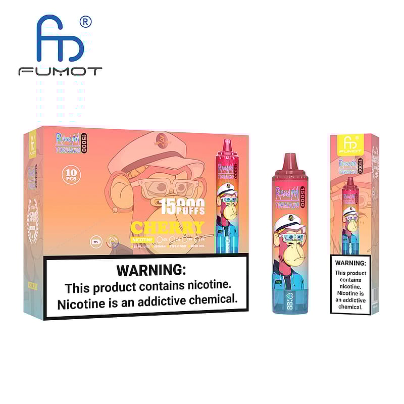 Verpackung und Produktabbildung des Vapes der Marke FUMOT, "RAWAR Tornado 15000 Puffs" in der Geschmacksrichtung Kirsche, mit einem Cartoon-Affenmotiv und einem Nikotin-Warnhinweis: "Dieses Produkt enthält Nikotin. Nikotin ist eine süchtig machende Chemikalie."