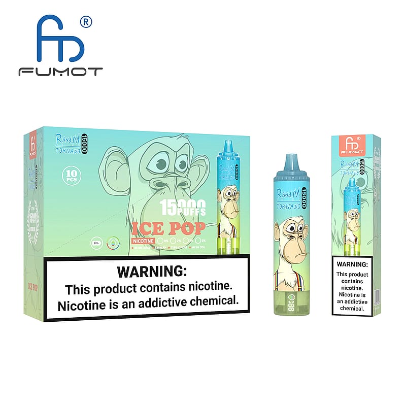 Verpackung für FUMOT Tornado 15000 puffs disposable vape in der Geschmacksrichtung "Ice Pop", mit einer Cartoon-Affengrafik, mit einem Warnhinweis auf den Nikotingehalt und das Suchtpotenzial.