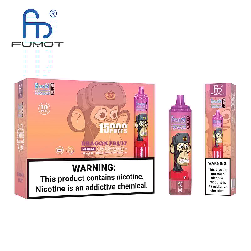 Eine Schachtel und ein Vape Pen mit dem Logo der Marke "FUMOT", einem Cartoon-Affen und der Aufschrift "Dragon Fruit" mit einer Nikotinwarnung.