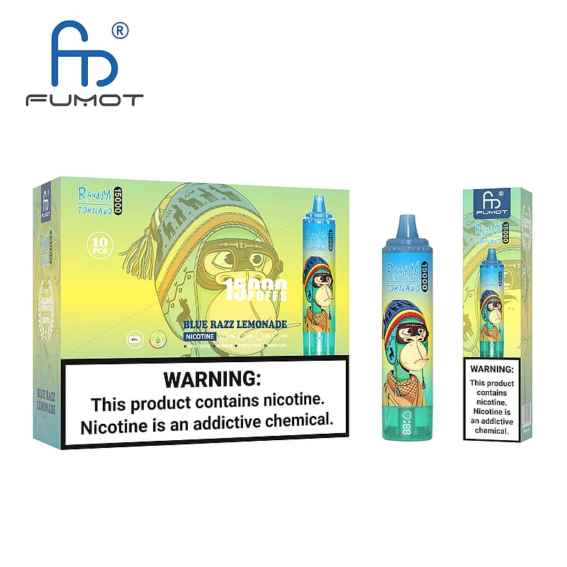 Fumot Vape-Verpackung, die ein Einweg-Vape-Gerät mit 15000 Zügen und dem Geschmack "Blue Razz Lemonade" zeigt, mit einer Cartoon-Affengrafik und einem Nikotin-Warnhinweis.