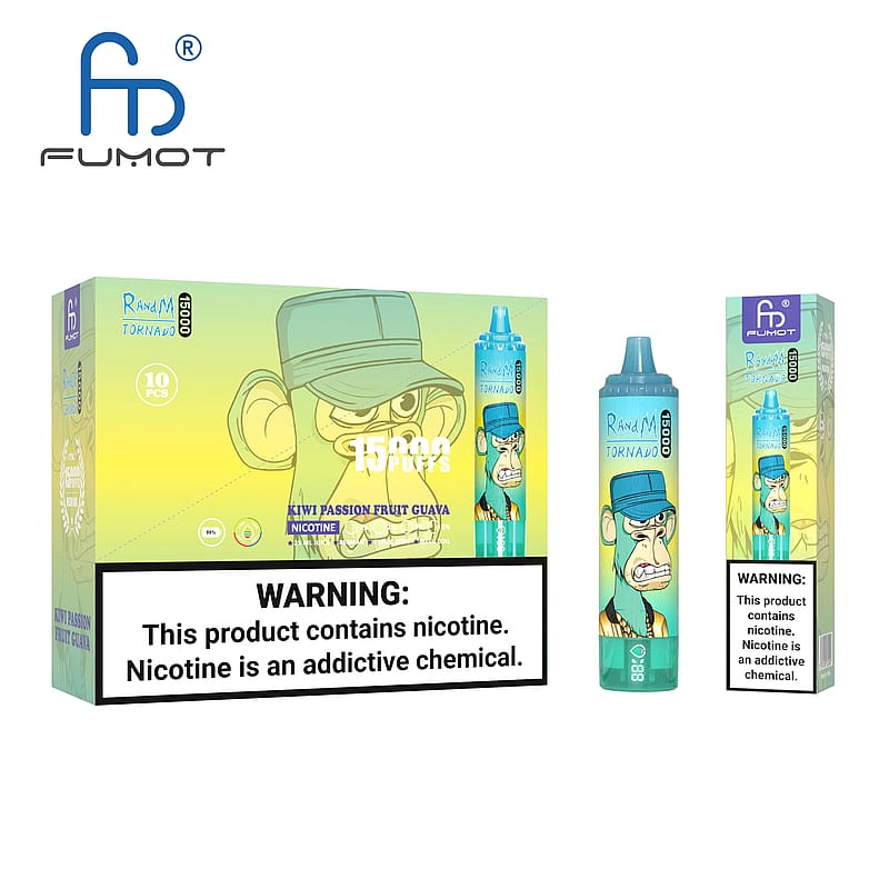 Verpackung und Produkt eines Fumot-Einweg-Vape-Pens mit einem Cartoon-Affenmotiv, der Aufschrift "15000 Puffs" und der Geschmacksrichtung "Kiwi Passionsfrucht Guave" sowie einem Warnhinweis zur Nikotinabhängigkeit.