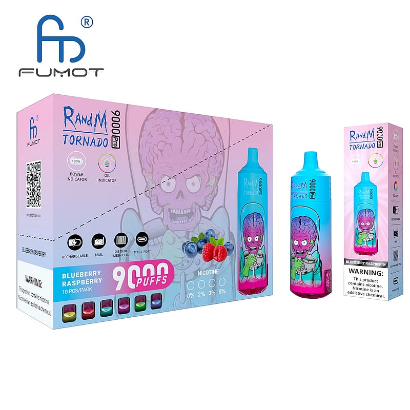 Förpackning för en "Fumot"-märkt vapingprodukt som heter "RandM Tornado" med en färgstark design med en tecknad hjärnkaraktär, blåbärs- och hallonbilder och text som indikerar 9000 bloss, uppladdningsbara och olika nikotinnivåer.