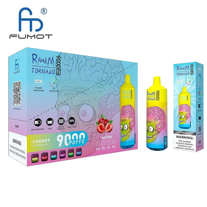 Förpackning av en vapeprodukt av märket FUMOT som heter "RandM Tornado 9000", med körsbärssmak. Boxen visar en tecknad hjärna och zombieliknande karaktär, tillsammans med produktdetaljer och varningsetiketter.