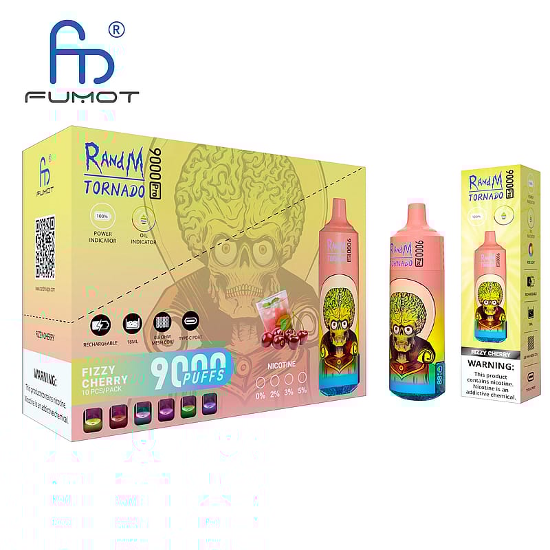 Förpackning av en "RandM Tornado" vapeprodukt från Fumot, med en färgglad skalledesign med en grön hjärna och glasögon, märkt med "9000 puffar", "Fizzy Cherry" smak, nikotinalternativ och varningar om nikotininnehåll.