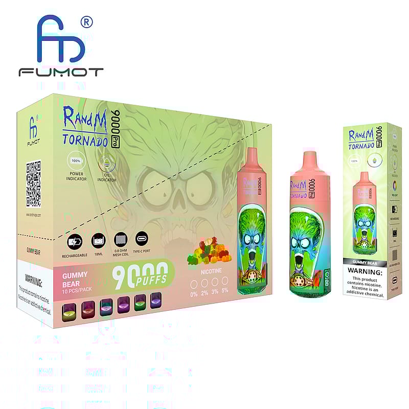 Förpackning och vape-enhet för RandM Tornado 9000 puffar i Gummy Bear-smak, med en färgstark tecknad design med en dödskalle och gummibjörnar.