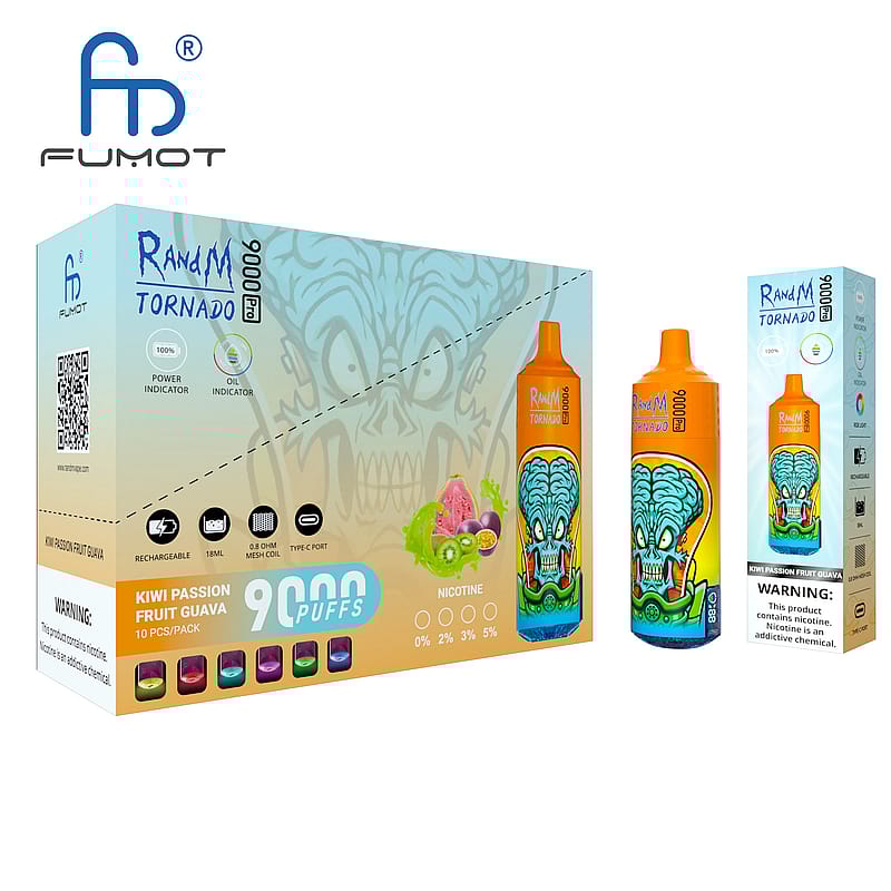Förpackning och produkt från Fumot RandM Tornado, en laddningsbar vape-enhet med kiwi passionsfruktsguava smak, med en kapacitet på 18 ml, 9000 bloss och en nikotinnivåindikator.