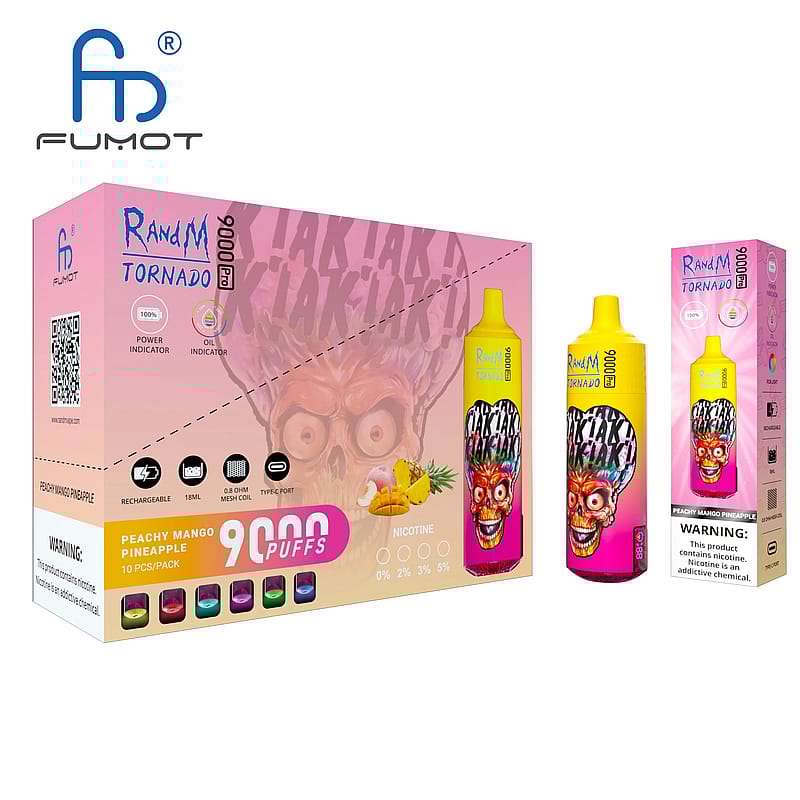 FUMOT RandM Tornado 9000 puff engångsvapeförpackning i "Peachy Mango Pineapple"-smak, med en livfull design med färgglad skallegrafik, nikotinstyrkeindikatorer och produktvarningar.