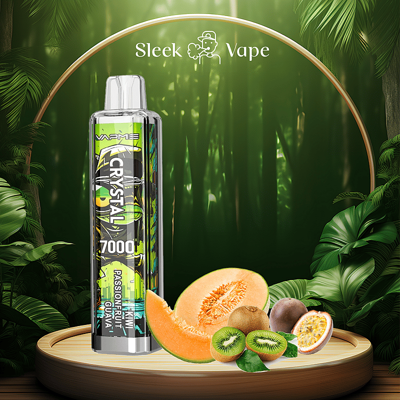 Vape device labeled "CRYSTAL 7000" with flavors Passionfruit, Kiwi, and Guava, displayed on a wooden platform with tropical fruits in a lush, green forest setting.