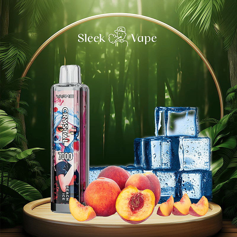 A vape device labeled "Crystal 7000 Peach Ice" with peaches and ice cubes in the foreground, set against a tropical forest background.