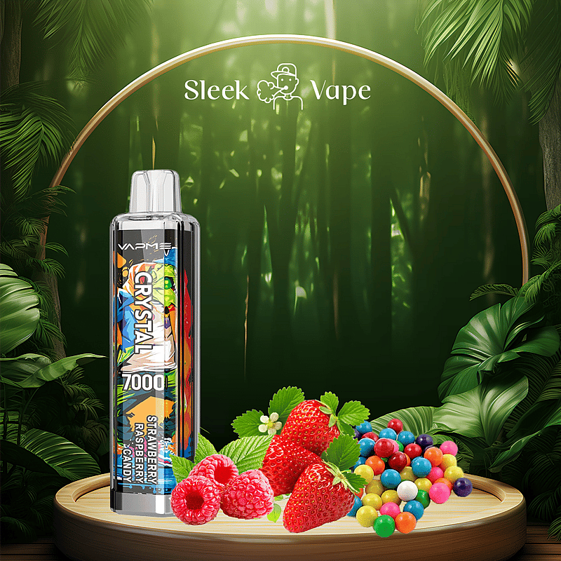 A sleek vape device labeled "CRYSTAL 7000" surrounded by strawberries, raspberries, and colorful candy, set against a lush, green forest background.