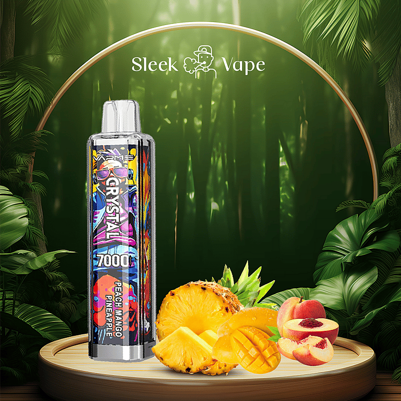 Vape device with a colorful design labeled "Crystal 7000" in a forest setting, surrounded by peaches, pineapples, and mangoes.