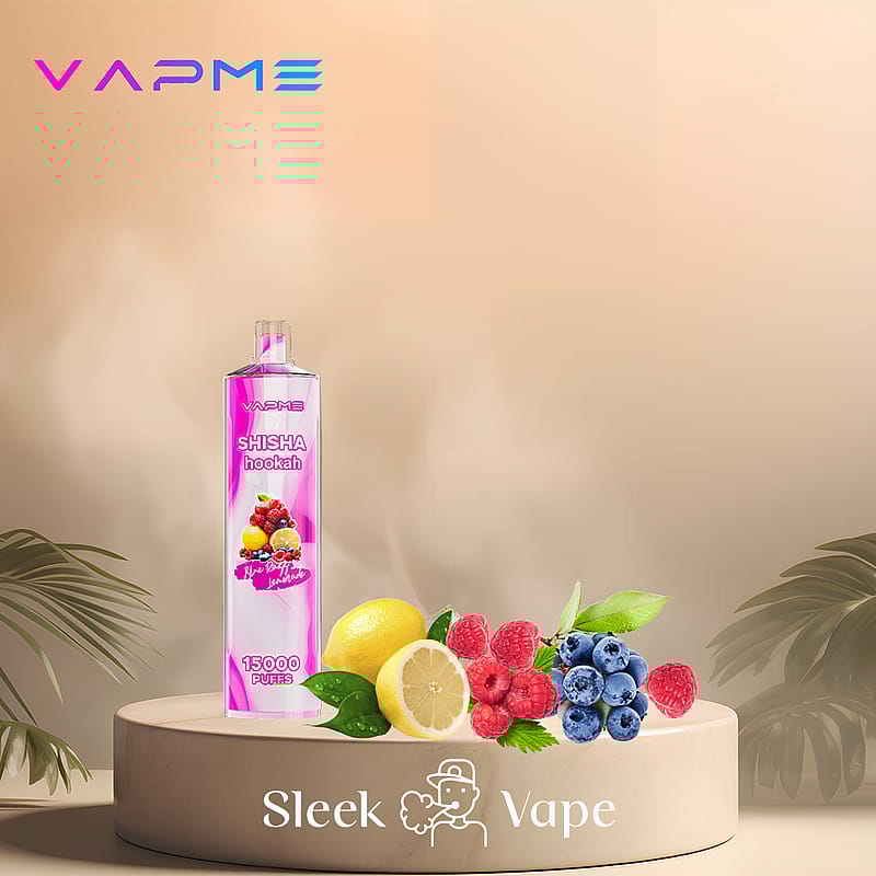 Vape device with "VAPME" branding, labeled "SHISHA hookah" with 15,000 puffs, surrounded by fresh berries and a lemon on a beige pedestal.