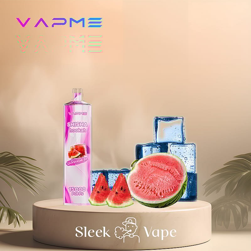 A sleek vape device labeled "VAPME SHISHA hookah Watermelon Ice, 15,000 Puffs" displayed on a pedestal with watermelon slices and ice cubes in the background.