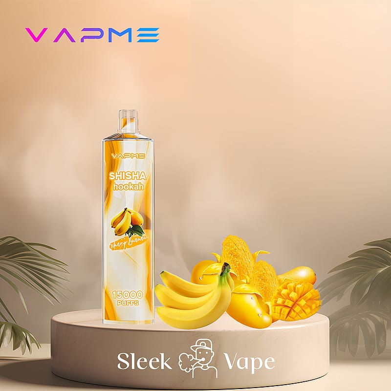 A sleek disposable vape labeled "VAPME SHISHA hookah" with a mango-banana flavor, placed on a round pedestal surrounded by banana and mango images, with "15000 PUFFS" written on the device.