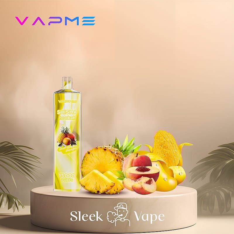 VAPME vape device with 15,000 puffs, featuring a pineapple, mango, and peach flavor combination, displayed on a pedestal with tropical fruits.