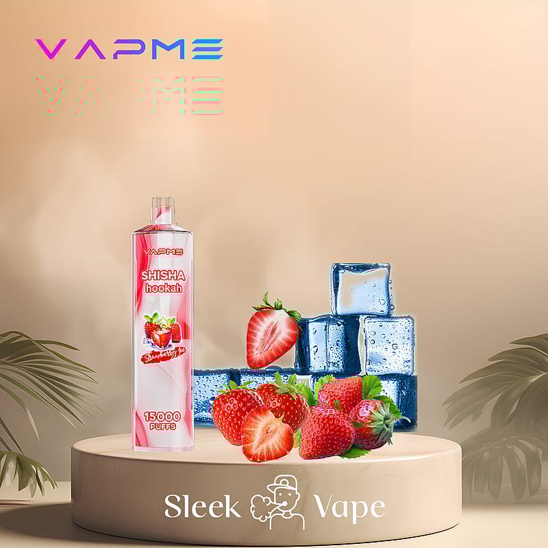 A sleek vape device labeled "VAPME SHISHA Hookah Strawberry Ice," displayed on a round pedestal, surrounded by fresh strawberries and ice cubes.