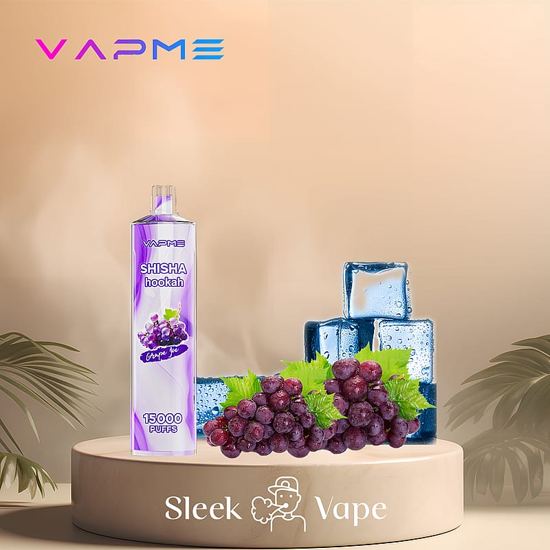 Vape device with "SHISHA hookah Grape Ice" branding, grapes, ice cubes, and sleek design elements.