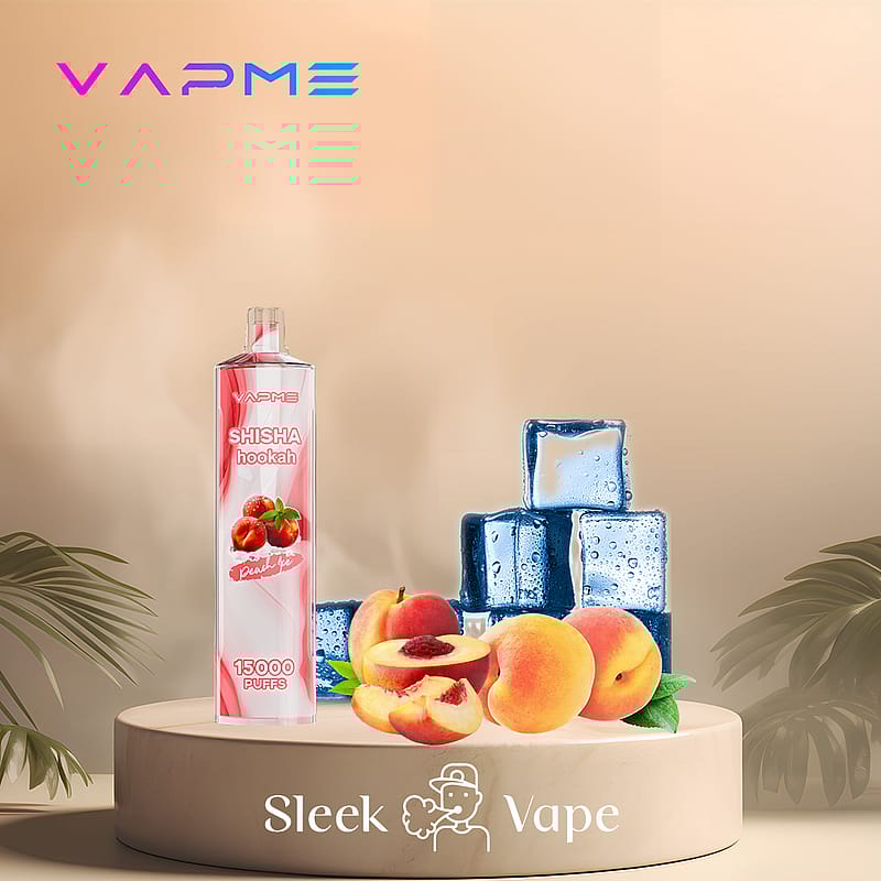 Vape device labeled "Vapme Shisha Hookah Peach Ice" with images of peaches and ice cubes on a display stand.