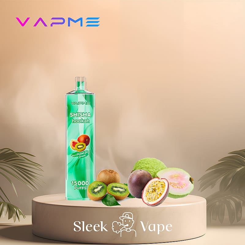 VAPME vape device with "SHISHA hookah" flavor, featuring kiwi, guava, and passion fruit, labeled "15,000 PUFFS," displayed on a pedestal with tropical leaves in the background.