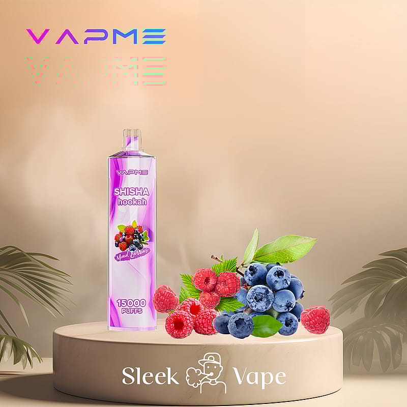 VAPME vape device with "Shisha Hookah" flavor packaging, featuring mixed berries like blueberries and raspberries, placed on a display stand with decorative leaves in the background.