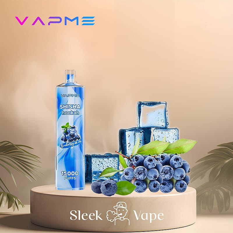A sleek vape product with "VAPME" branding, labeled "SHISHA hookah" in blueberry ice flavor, alongside ice cubes and fresh blueberries on a round pedestal.