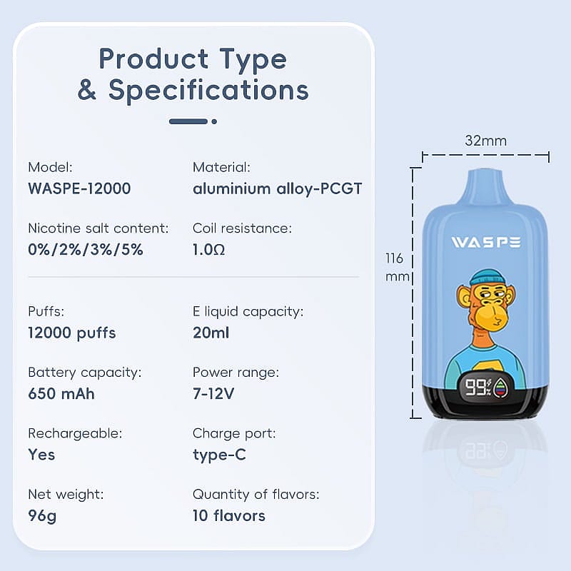 WASPE 12000 Puffs Digital Box Vape Popularité Cigarette Pod jetable